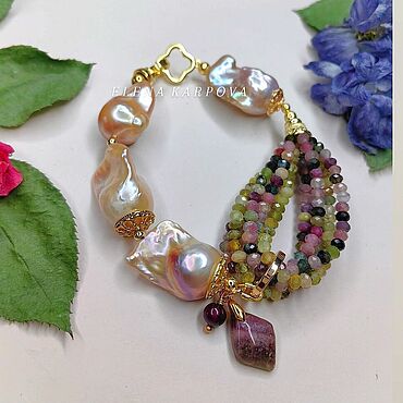 Украшения ручной работы. Ярмарка Мастеров - ручная работа Браслет с жемчугом барокко, гранатом и турмалином  . украшения подарок. Handmade.