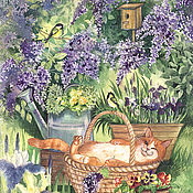 Картина акварелью Щеглы в цветах рудбекии