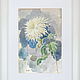Хризантема. Анна Чепель. 40 x 30 см., бумага, акварель, 2005. Оформлена в раму.
Изображение цветка белой хризантемы на акварельном фоне, крупным мазком в серо-голубых тонах.