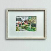 Картины и панно handmade. Livemaster - original item The dream house. Watercolor in frame. A birch tree in the courtyard of a small town house. Handmade.