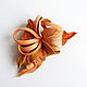 Brooch flower made of leather Orchid orange carrot with loops, Brooches, Moscow,  Фото №1