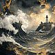 Большая картина маслом на холсте с золотом Маяк Море Шторм Пейзаж. Картины. Эстетика современного искусства. Интернет-магазин Ярмарка Мастеров.  Фото №2