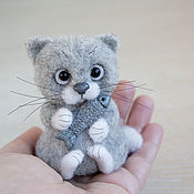 Куклы и игрушки handmade. Livemaster - original item Grey cat with a fish. Handmade.