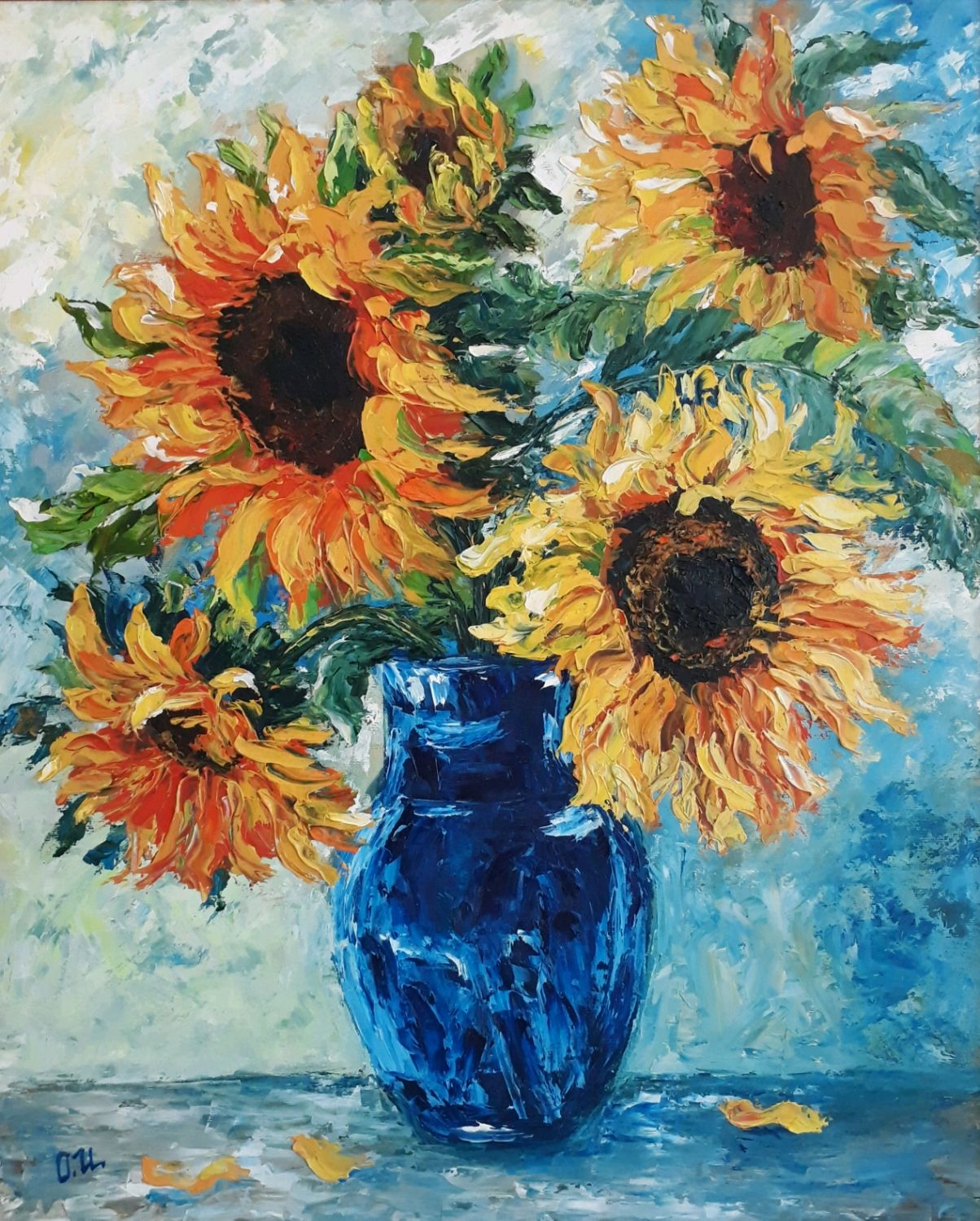 Картина маслом Подсолнухи в синей вазе! Цветы мастихином на холсте