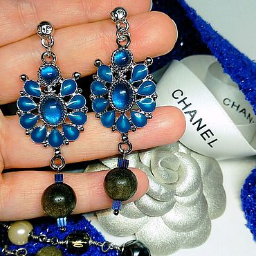 Винтаж ручной работы. Ярмарка Мастеров - ручная работа Винтаж: Серьги в стиле Chanel с обсидианом и лазурным люцитом.. Handmade.