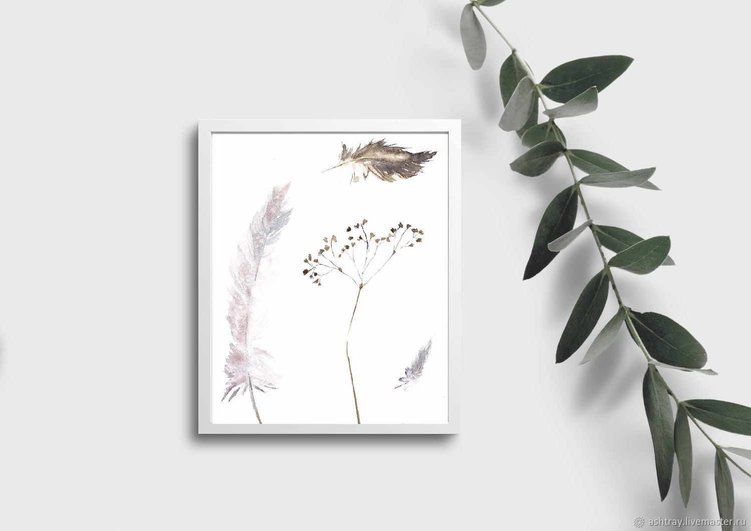 'Air ' watercolor painting (feathers, beige, gray), Pictures, Korsakov,  Фото №1