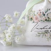 13h15cm. Linen bags with ears, grey with lace dusty rose