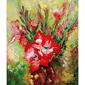 Картины и панно handmade. Livemaster - original item Painting Gladioli Bouquet of red flowers with oil palette knife. Handmade.