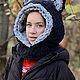 Лисошапка шапка капюшон капор лиса черно серая чернобурка с ушками. Капоры. Оксана (oxigfashion). Ярмарка Мастеров.  Фото №5