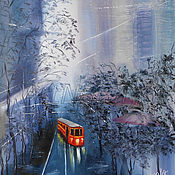 Картины и панно handmade. Livemaster - original item Tram painting art Rainy day oil painting city street on canvas. Handmade.