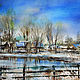 Watercolor painting Spring Bashkir village Spring landscape with houses, Pictures, Magnitogorsk,  Фото №1