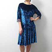 Одежда handmade. Livemaster - original item Dress blue marble velvet trapeze with lace elegant evening. Handmade.