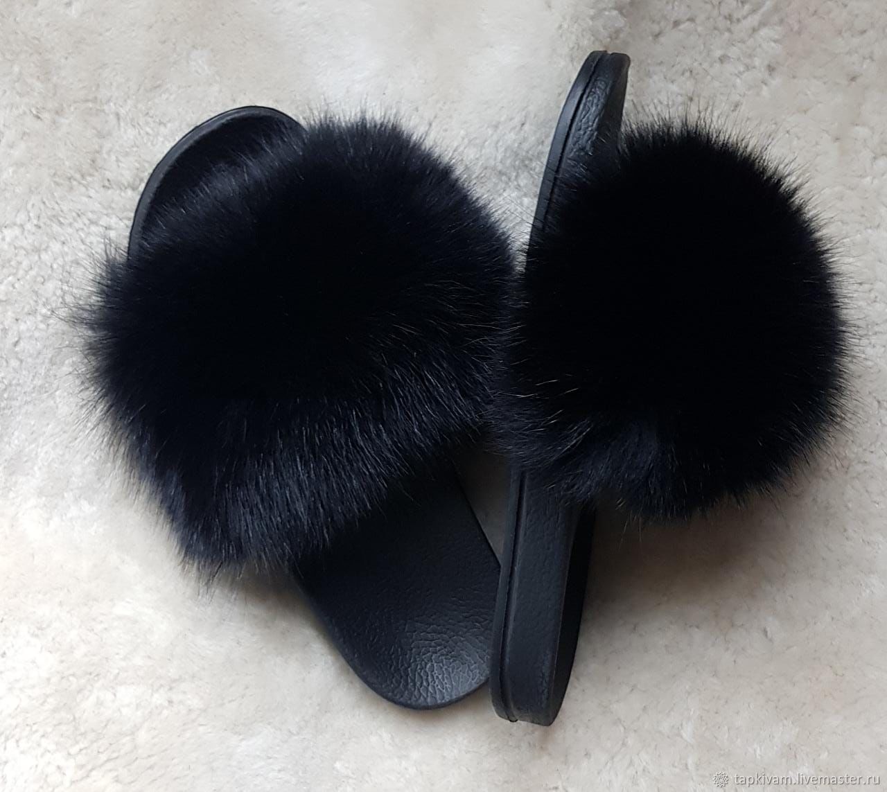 Flip-flops with arctic fox fur are black, Flip flops, Moscow,  Фото №1