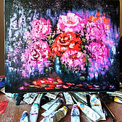 Картины и панно handmade. Livemaster - original item Rose painting, Pink bouquet, impasto oil painting.. Handmade.