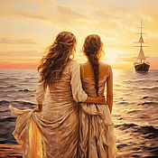 Картины и панно handmade. Livemaster - original item Painting Mother and Daughter. Sunrise at sea, morning. Love picture. Handmade.
