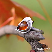 Украшения handmade. Livemaster - original item Ring silver Bird Robin, Baltic amber. Handmade.
