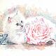 Котенок белый, роза розовая, нежность. Иллюстрации и рисунки. Спальня. Ярмарка Мастеров.  Фото №6