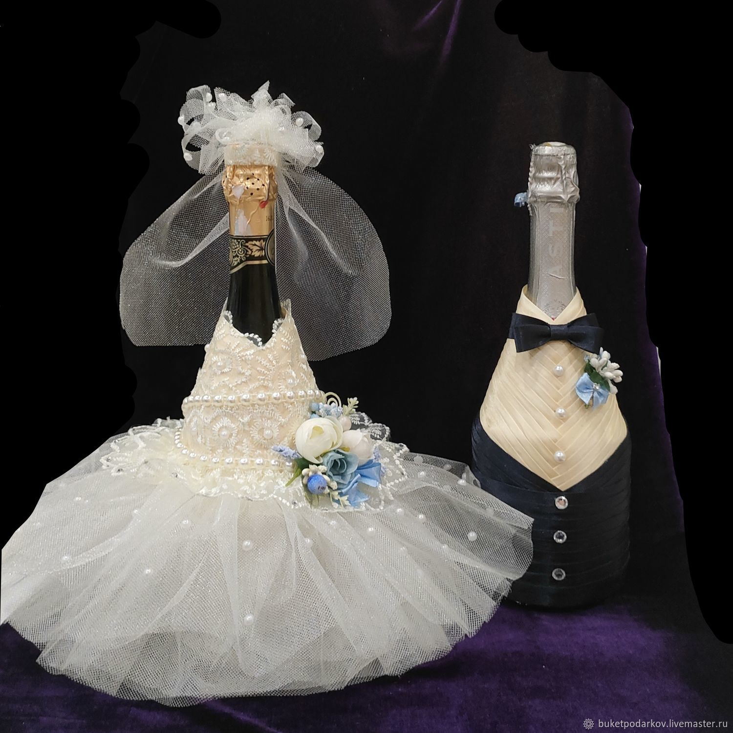 Украшение на бутылки шампанского на свадьбу, декор бутылок жених и невеста