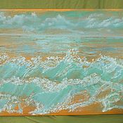 Картины и панно ручной работы. Ярмарка Мастеров - ручная работа Painting Day Turquoise sea landscape on a golden background. Handmade.