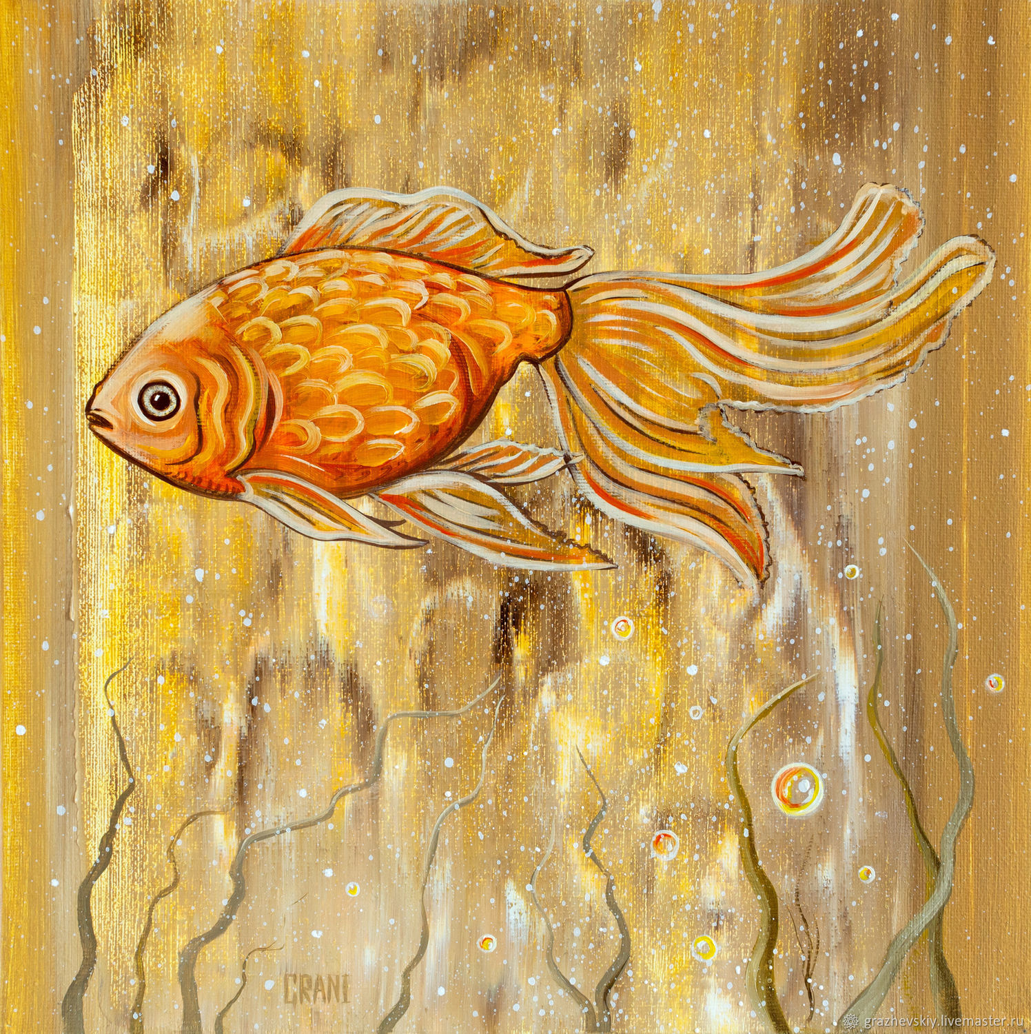"Золотая рыбка" - холст на подрамнике, масло, 30х30см, Картины, Минск,  Фото №1