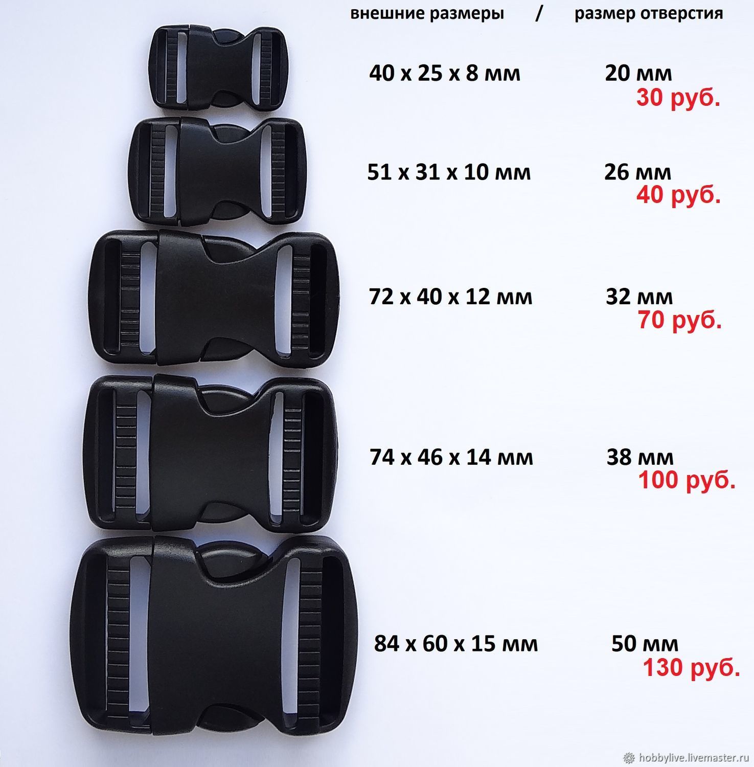 Фастекс 20, 26, 32, 38, 50 мм, (пластиковая застежка, карабин)