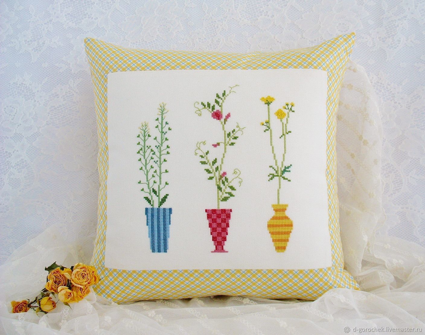 Pillowcase with hand embroidery 'Flower pots', Pillow, Ekaterinburg,  Фото №1