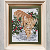 Картины и панно handmade. Livemaster - original item Hand Cross Stitch painting Christmas Cat. Handmade.