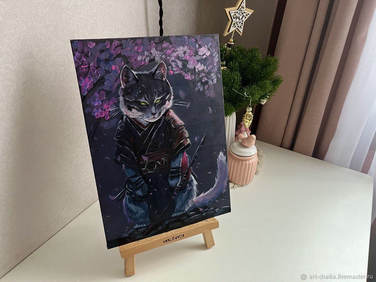 Картины: Кот-самурай в сакуре – купить онлайн на Ярмарке Мастеров ...