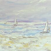 Картины и панно handmade. Livemaster - original item Seascape in soft colors. Painting with a boat on the sea.. Handmade.