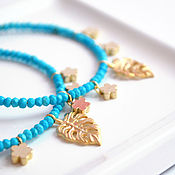 Украшения handmade. Livemaster - original item Ring earrings with natural turquoise and gold monstera pendants. Handmade.
