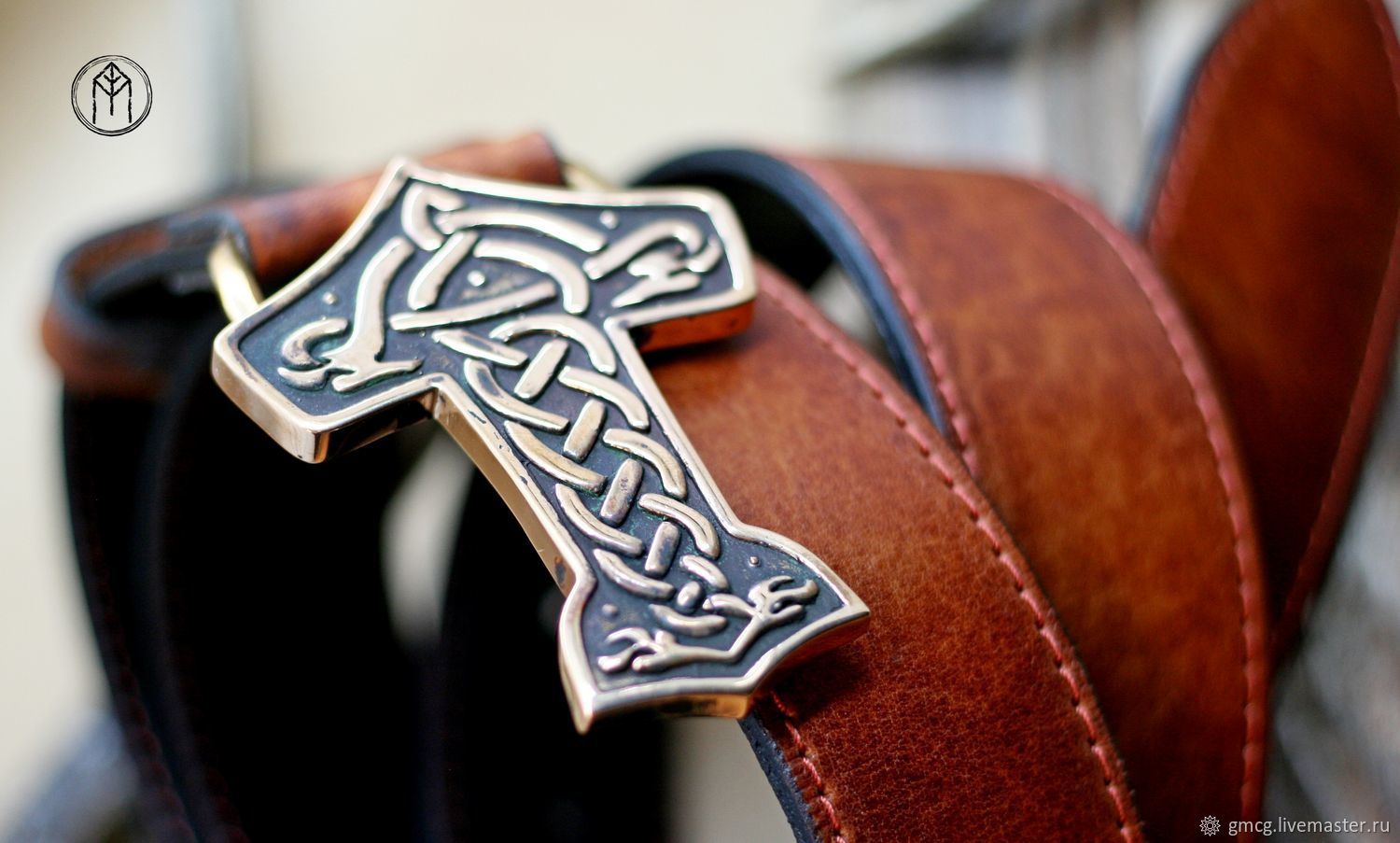 Leather belt with bronze buckle 'Mjolnir', Straps, Tolyatti,  Фото №1