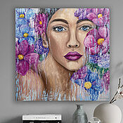 Картины и панно handmade. Livemaster - original item the painting Girl with flowers. Portrait of a girl oil. Square pattern. Handmade.