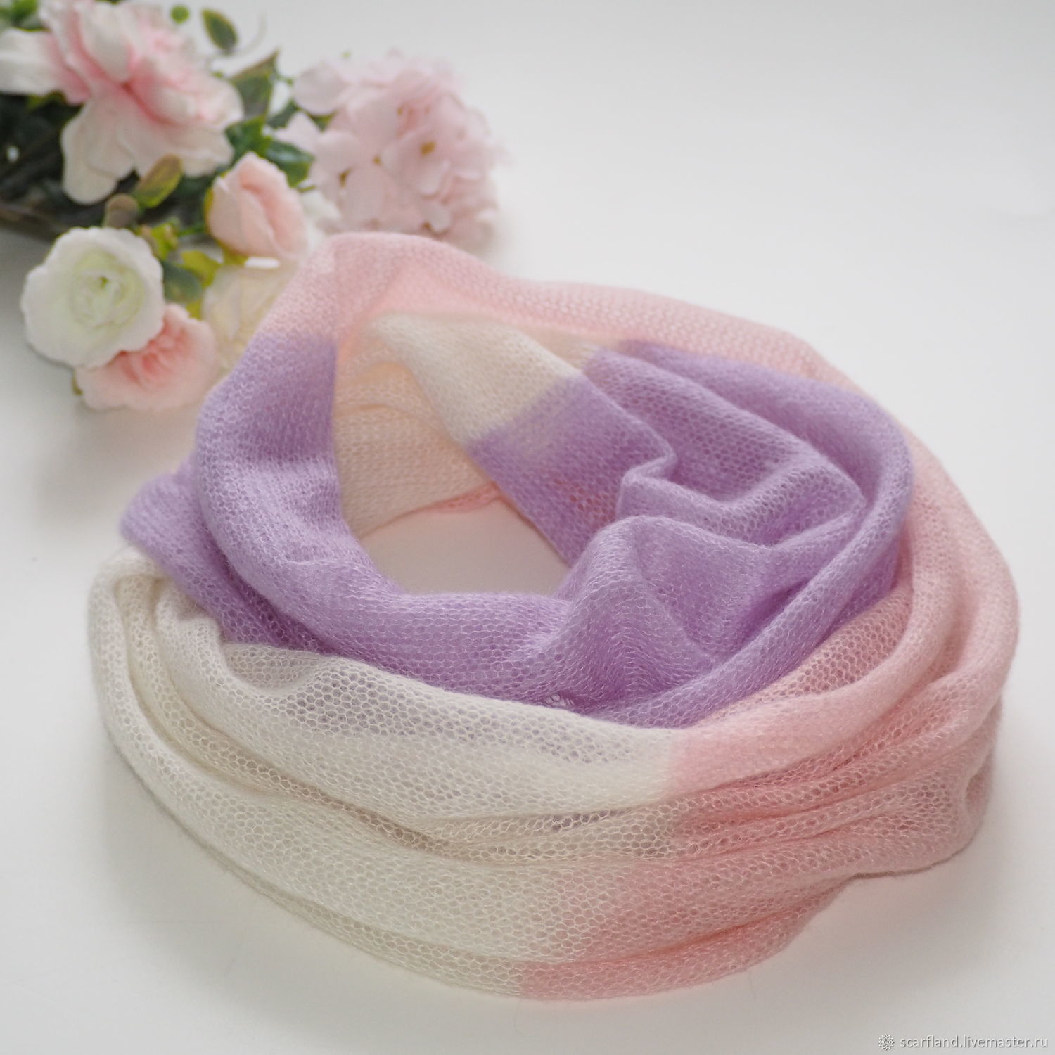 Snood knitted in two turns from kid mohair white-lilac-pink, Snudy1, Cheboksary,  Фото №1