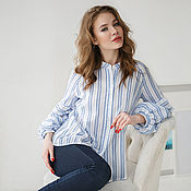 Одежда handmade. Livemaster - original item Blue striped boho cotton blouse, loose cotton blouse. Handmade.