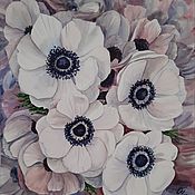 Картины и панно handmade. Livemaster - original item Purple charm painting anemones watercolor painting with white flowers. Handmade.
