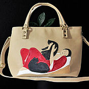 Leather red beige tote bag