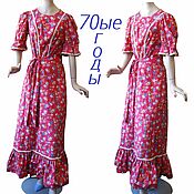 Винтаж handmade. Livemaster - original item Floral dress with belt, ,70s, bright, flowers, lace, cotton, red. Handmade.