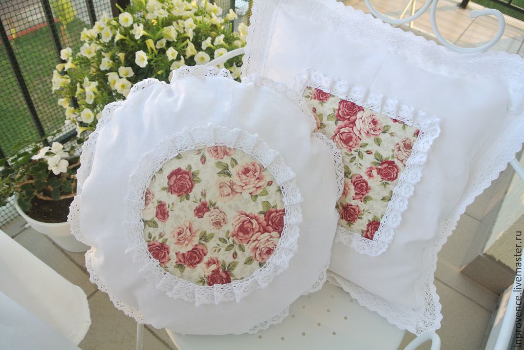 Pillow of white linen and cotton lace with roses.Shabby chic Pillow with roses. Textiles Shabby Chic