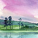 Картина пейзаж с розовым небом и озером акварель, Картины, Томск,  Фото №1