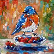 Картины и панно handmade. Livemaster - original item Robin and juicy berries oil painting. Buy a bird painting. Handmade.