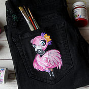 Одежда handmade. Livemaster - original item Jeans with a pattern on the pocket pink Flamingo hand painted. Handmade.