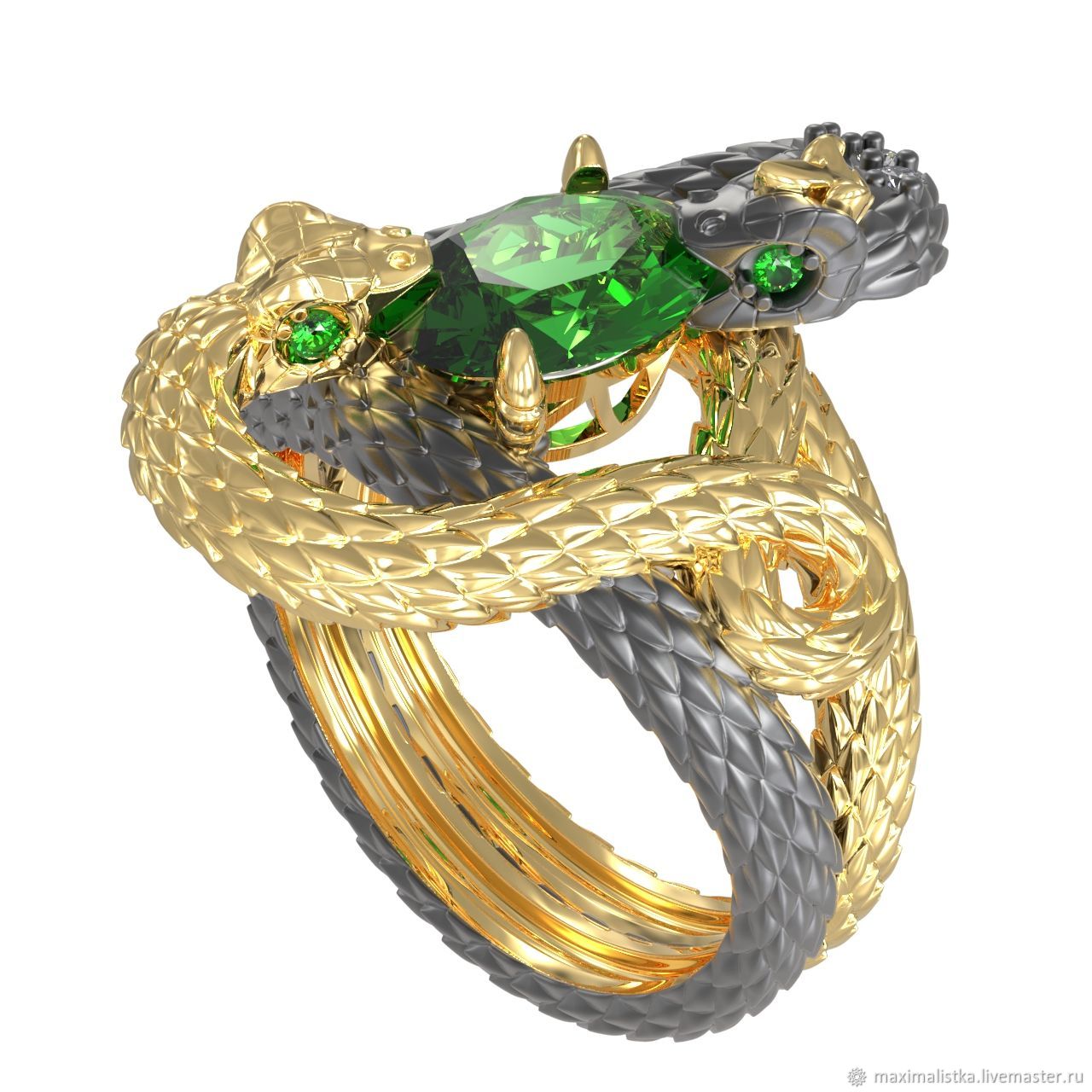 Золотое кольцо змея с изумрудом