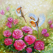 Картины и панно handmade. Livemaster - original item Painting of a bird in the garden on a rose bush Painting as a gift. Handmade.