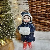 Christmas decorations: Cotton toy for Christmas tree, girl with Christmas tree