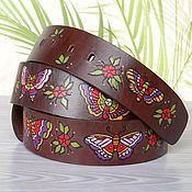 Аксессуары ручной работы. Ярмарка Мастеров - ручная работа Butterfly Hand Painted Belt, Genuine Leather Belt. Handmade.