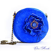 Сумки и аксессуары handmade. Livemaster - original item Blue poppy Women`s round suede bag drum with flower. Handmade.