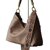 Сумки и аксессуары handmade. Livemaster - original item Beige leather bag with an embroidered strap, taupe. Handmade.