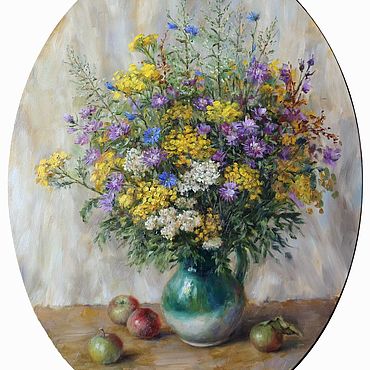 Картины и панно ручной работы. Ярмарка Мастеров - ручная работа "Букет с пижмой" овальная картина маслом на холсте. Handmade.