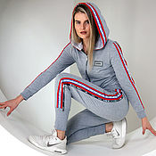 Одежда handmade. Livemaster - original item Sports suit with a hood for women, gray suit with slits. Handmade.