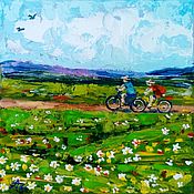 Картины и панно handmade. Livemaster - original item Painting Cyclists 15 h15 Oil on Canvas Summer Landscape Blooming Meadow. Handmade.